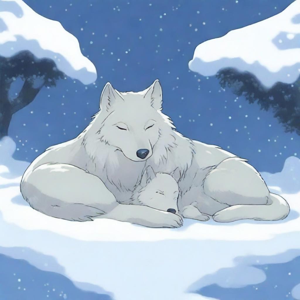 A serene scene of a wolf and its cub fully covered in snow while they sleep