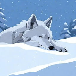 A tranquil scene of a wolf covered in snow while it sleeps