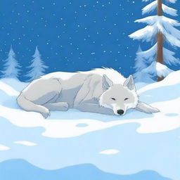 A tranquil scene of a wolf covered in snow while it sleeps