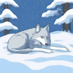 A tranquil scene of a wolf covered in snow while it sleeps