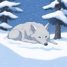 A tranquil scene of a wolf covered in snow while it sleeps