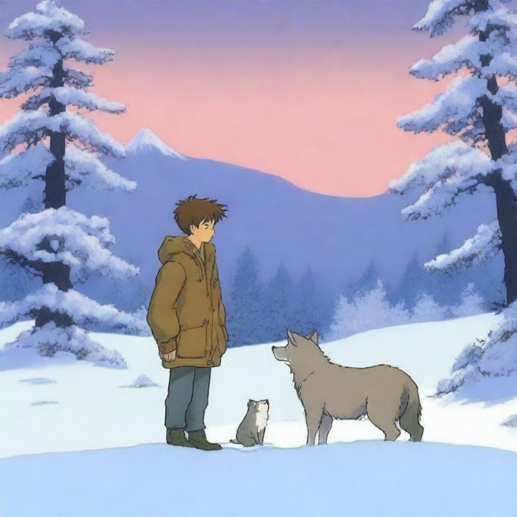 A dramatic scene where a hunter discovers a dead wolf and its cub in the snow