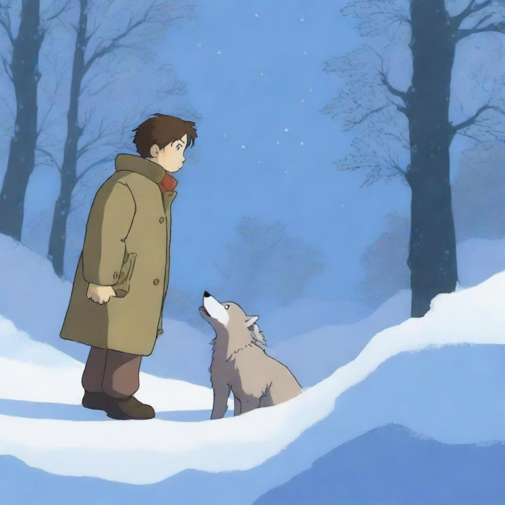 A dramatic scene where a hunter discovers a dead wolf and its cub in the snow