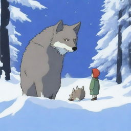 A dramatic scene where a hunter discovers a dead wolf and its cub in the snow