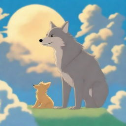 A heartwarming scene of a wolf and its cub playing happily in a heavenly setting