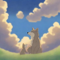 A heartwarming scene of a wolf and its cub playing happily in a heavenly setting