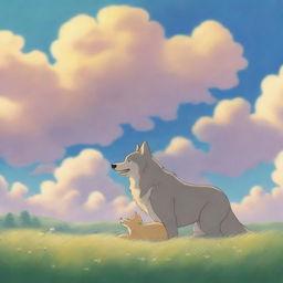 A heartwarming scene of a wolf and its cub playing happily in a heavenly setting