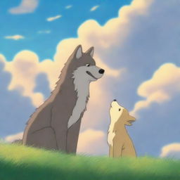 A heartwarming scene of a wolf and its cub playing happily in a heavenly setting