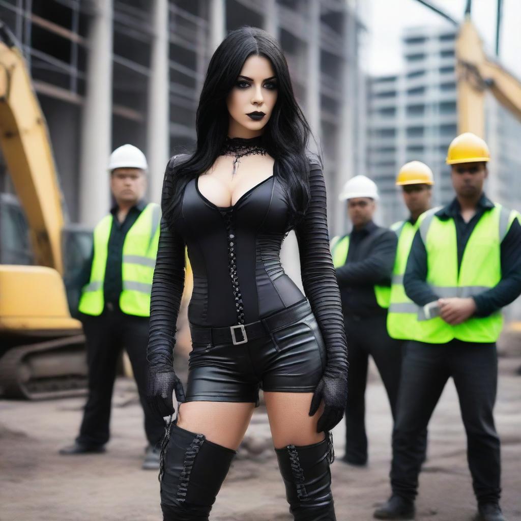 A sexy gothic woman surrounded by construction workers