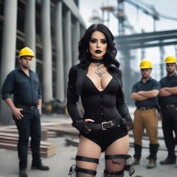 A sexy gothic woman surrounded by construction workers