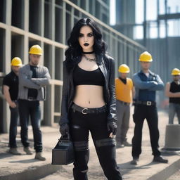 A sexy gothic woman surrounded by construction workers