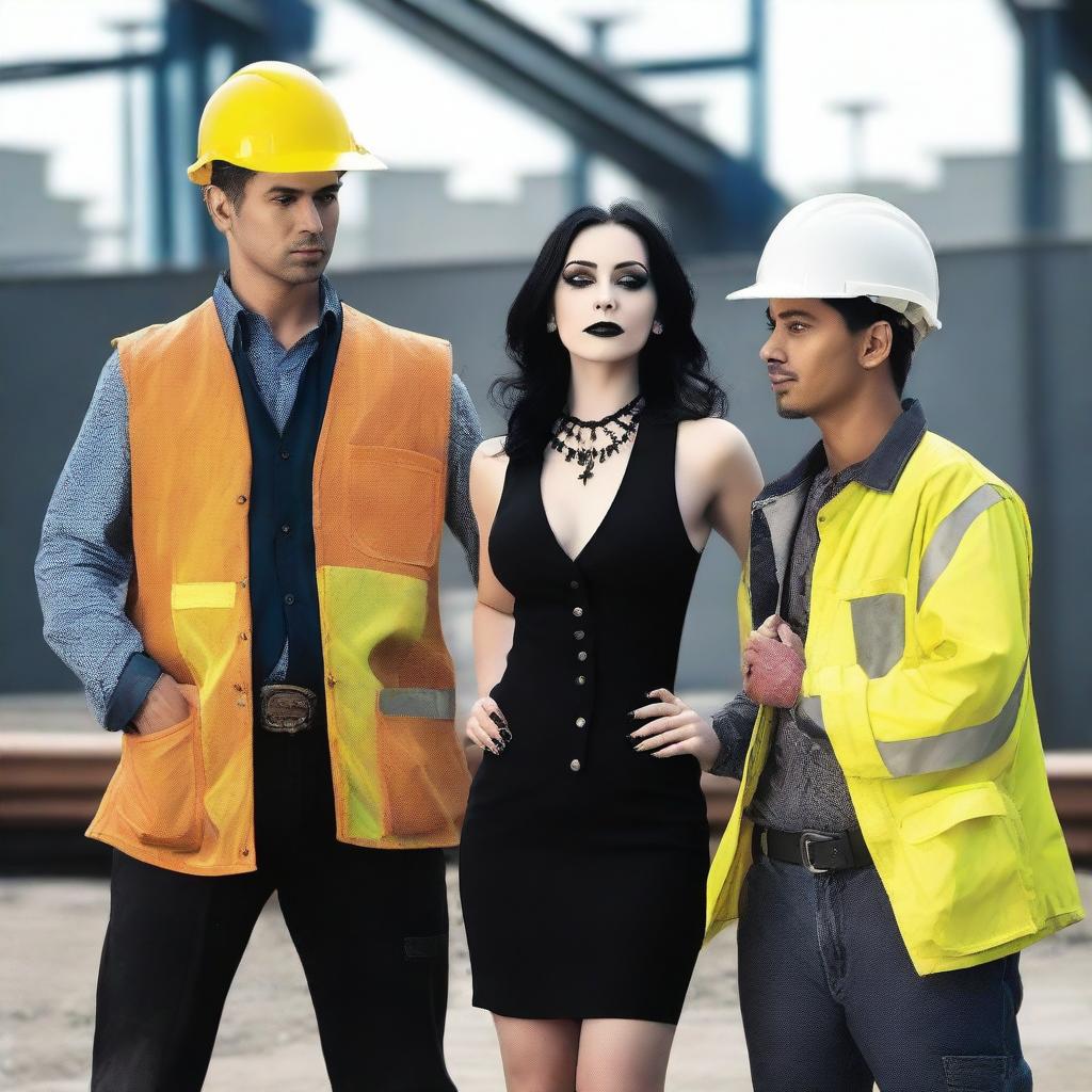 A gothic woman dressed in stylish, sexy attire is playfully flirting with three construction workers