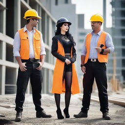 A gothic woman dressed in stylish, sexy attire is playfully flirting with three construction workers