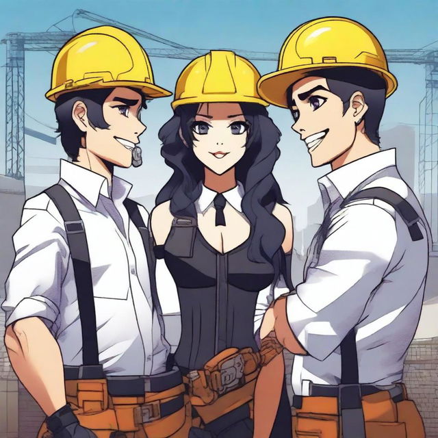 A gothic woman dressed in stylish, sexy attire is playfully flirting with three construction workers