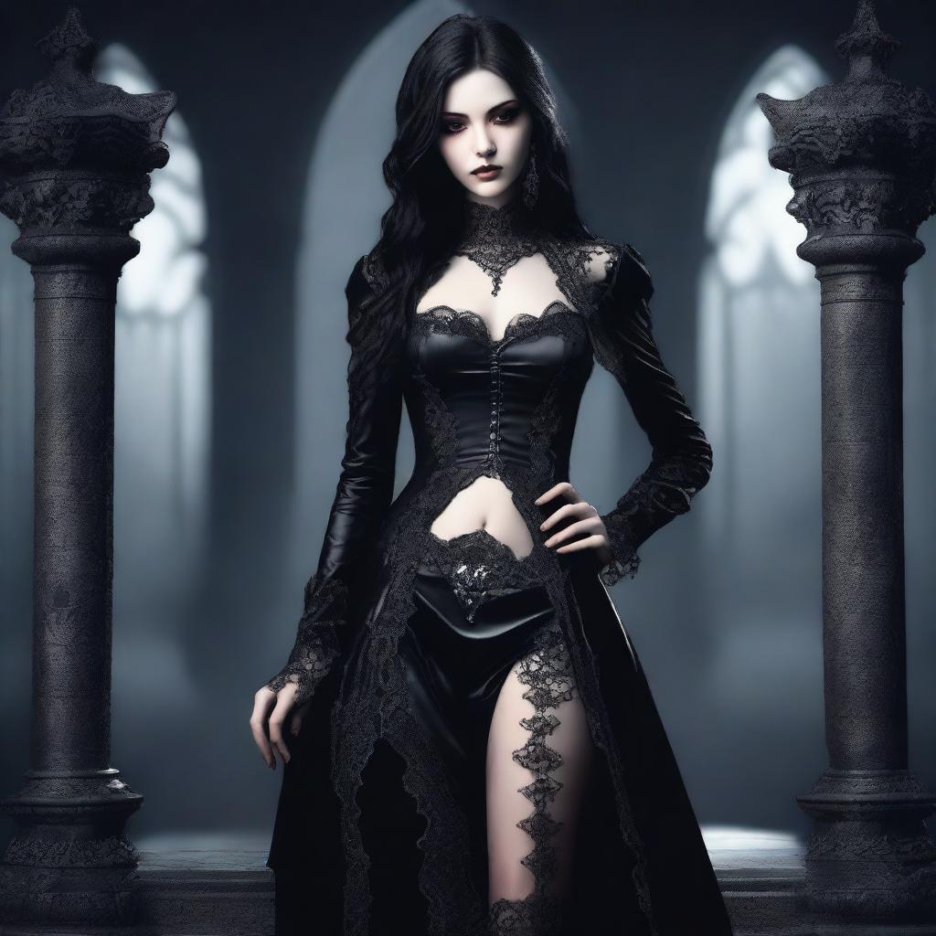 A super sexy gothic character with dark, elegant attire, featuring intricate lace and leather details