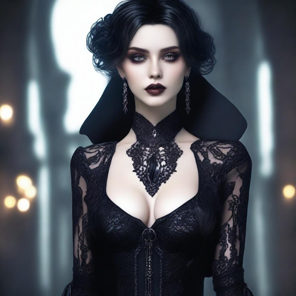 A super sexy gothic character with dark, elegant attire, featuring intricate lace and leather details