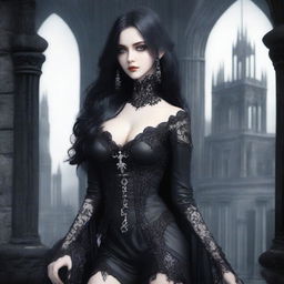 A super sexy gothic character with dark, elegant attire, featuring intricate lace and leather details