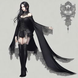 A super sexy gothic character with dark, elegant attire, featuring intricate lace and leather details