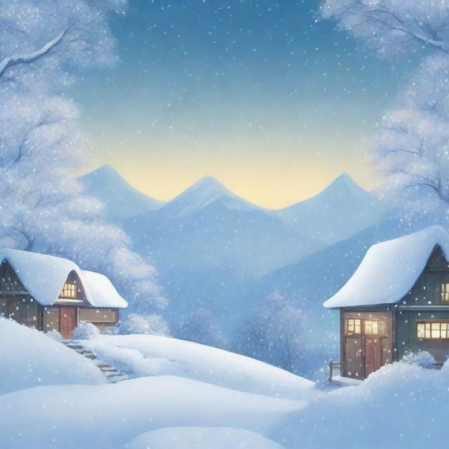 A serene winter scene with a heavy snowstorm in the background, drawn in the enchanting style of Studio Ghibli