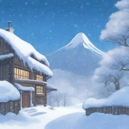 A serene winter scene with a heavy snowstorm in the background, drawn in the enchanting style of Studio Ghibli