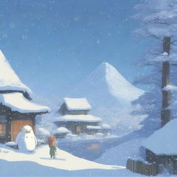 A serene winter scene with a heavy snowstorm in the background, drawn in the enchanting style of Studio Ghibli