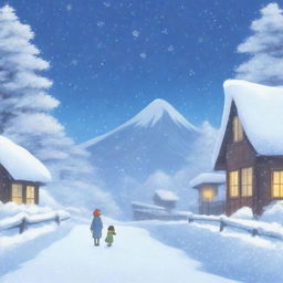 A serene winter scene with a heavy snowstorm in the background, drawn in the enchanting style of Studio Ghibli