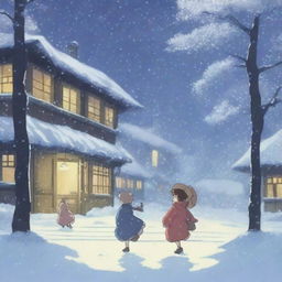 A heavy snowstorm with strong winds, depicted in the enchanting style of Studio Ghibli