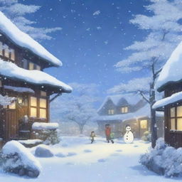 A heavy snowstorm with strong winds, depicted in the enchanting style of Studio Ghibli