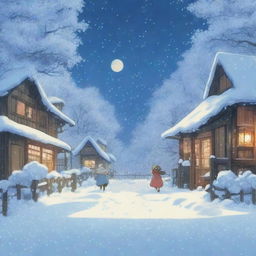 A heavy snowstorm with strong winds, depicted in the enchanting style of Studio Ghibli