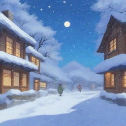 A heavy snowstorm with strong winds, depicted in the enchanting style of Studio Ghibli