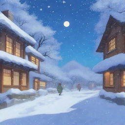 A heavy snowstorm with strong winds, depicted in the enchanting style of Studio Ghibli