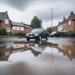 A car is stranded on a quiet road in a small town, having fallen into a large puddle