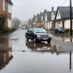 A car is stranded on a quiet road in a small town, having fallen into a large puddle