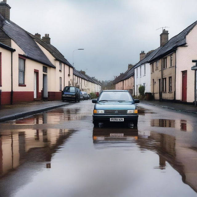 A car is stranded on a quiet road in a small town, having fallen into a large puddle