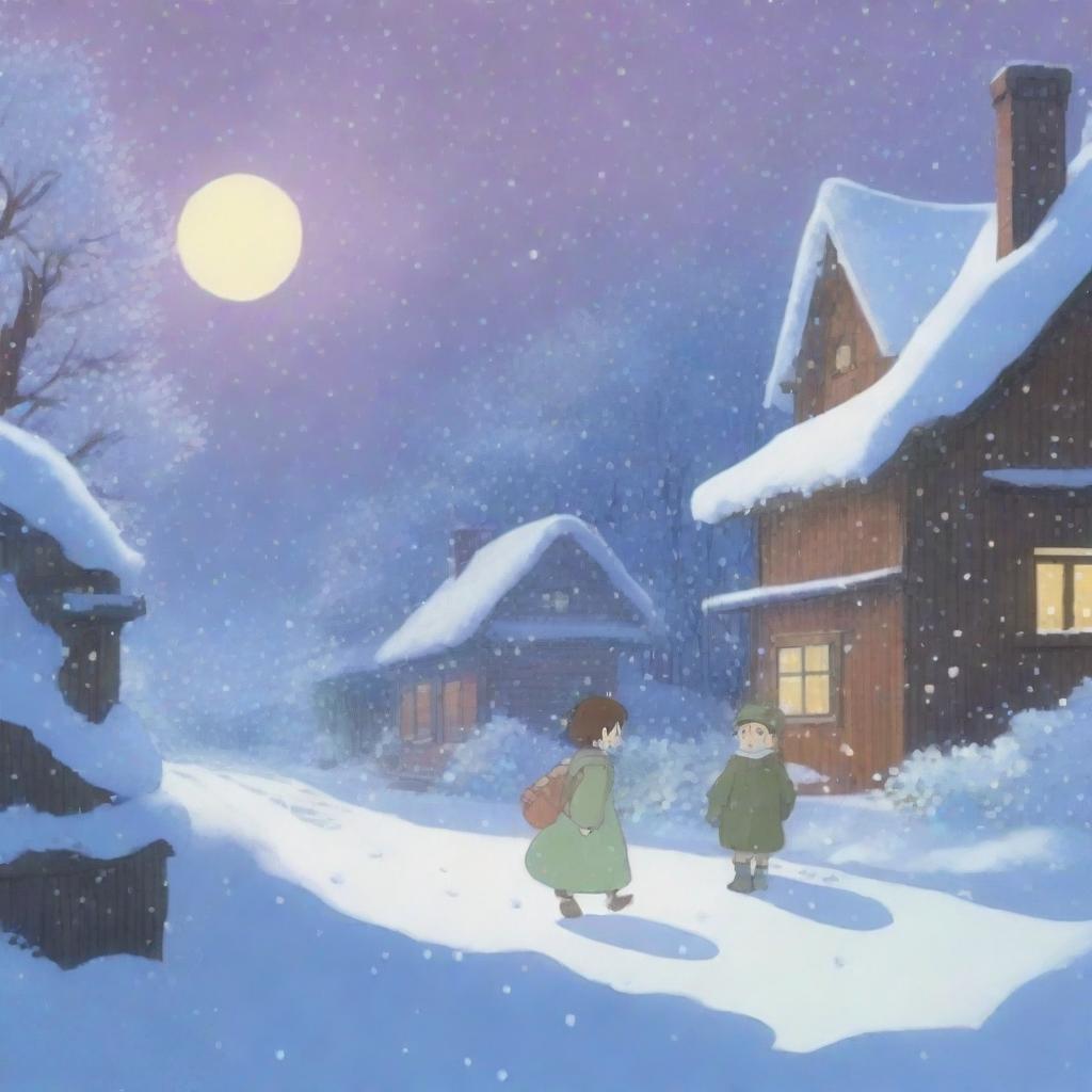 A heavy snowstorm with strong winds, depicted in the enchanting style of Studio Ghibli