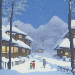 A heavy snowstorm with strong winds, depicted in the enchanting style of Studio Ghibli