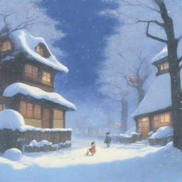 A heavy snowstorm with strong winds, depicted in the enchanting style of Studio Ghibli