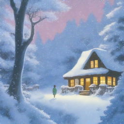 A heavy snowstorm with strong winds in a dense forest, depicted in the enchanting style of Studio Ghibli