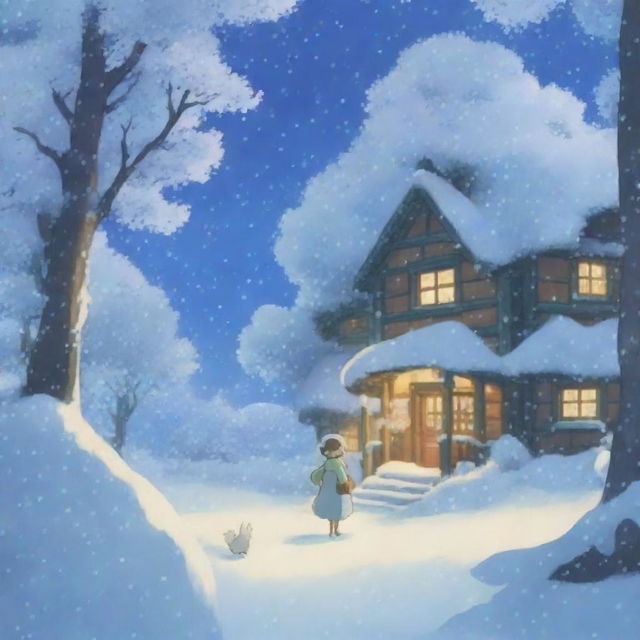 A heavy snowstorm with strong winds in a dense forest, depicted in the enchanting style of Studio Ghibli