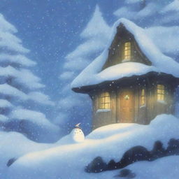 A heavy snowstorm with strong winds in a dense forest, depicted in the enchanting style of Studio Ghibli