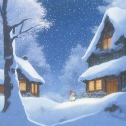 A heavy snowstorm with strong winds in a dense forest, depicted in the enchanting style of Studio Ghibli