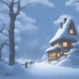 A heavy snowstorm with strong winds in a dense forest, depicted in the enchanting style of Studio Ghibli