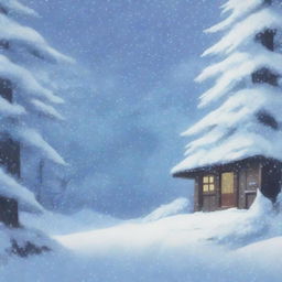 A heavy snowstorm with strong winds in a dense forest, depicted in the enchanting style of Studio Ghibli