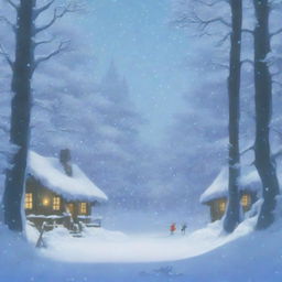 A heavy snowstorm with strong winds in a dense forest, depicted in the enchanting style of Studio Ghibli