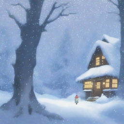 A heavy snowstorm with strong winds in a dense forest, depicted in the enchanting style of Studio Ghibli