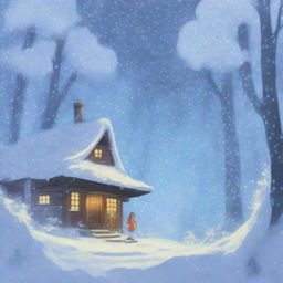 A heavy snowstorm with strong winds in a dense forest, depicted in the enchanting style of Studio Ghibli