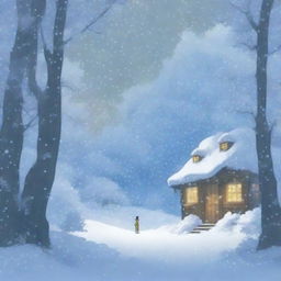 A heavy snowstorm with strong winds in a dense forest, depicted in the enchanting style of Studio Ghibli