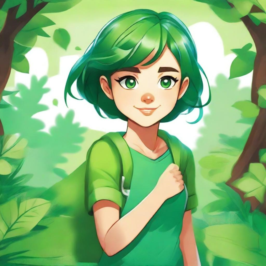 Create an image of a young comic girl with a green theme