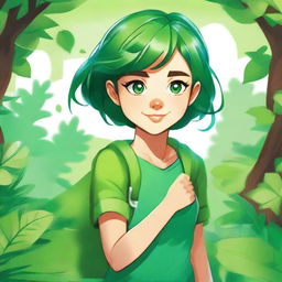 Create an image of a young comic girl with a green theme