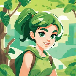 Create an image of a young comic girl with a green theme